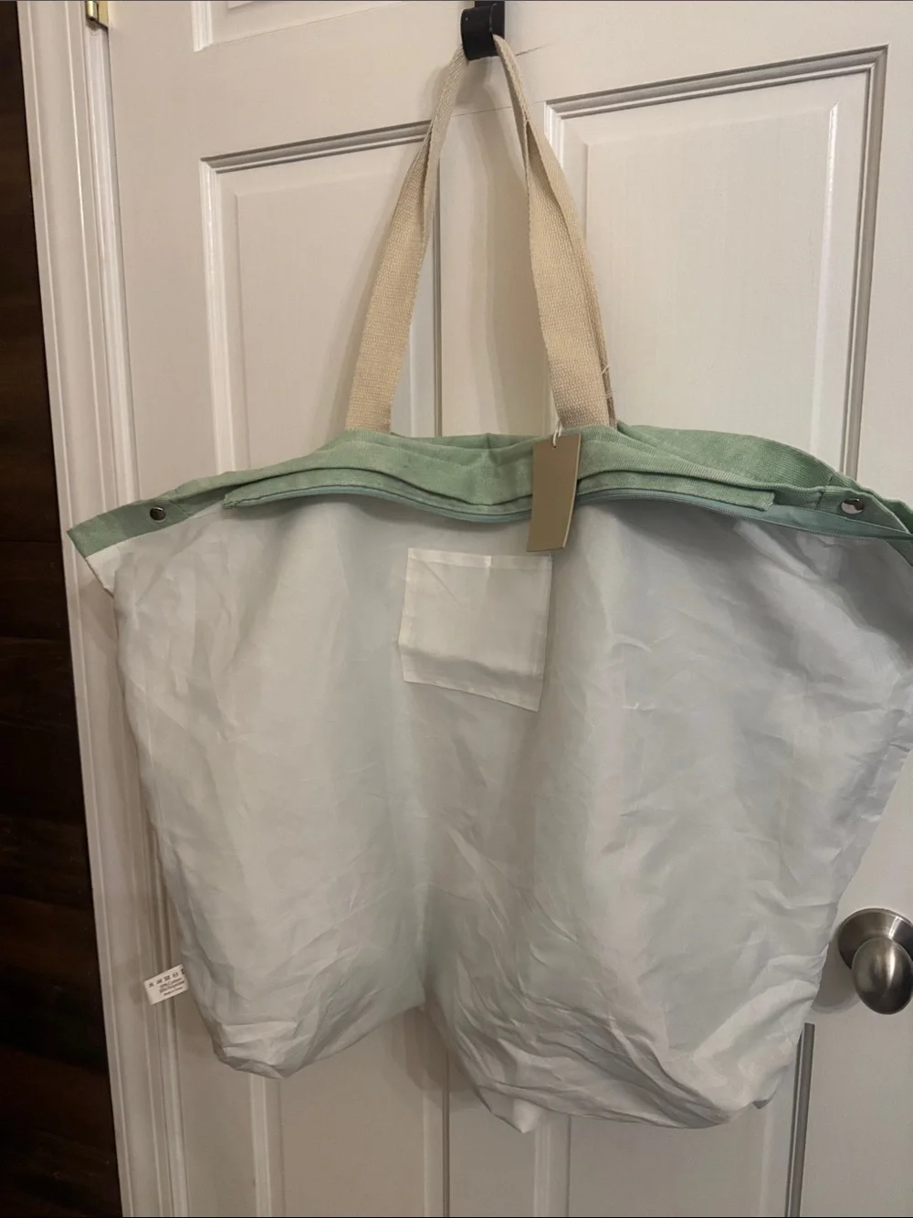 Large Canvas Whale-Tail Tote Bag in Sage and Tan.